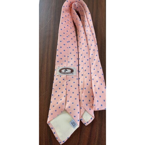 Vintage Men’s  Burt Pulitzer Tie Handmade All 100% Silk Pink With Blue Polka Dot - Picture 3 of 5